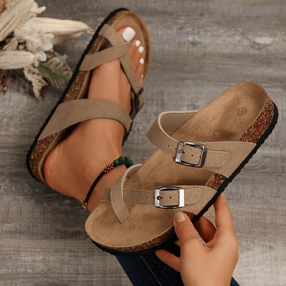Women's Adjustable Buckle Cork Footbed Sandals, Comfortable Summer Beach Sandals
