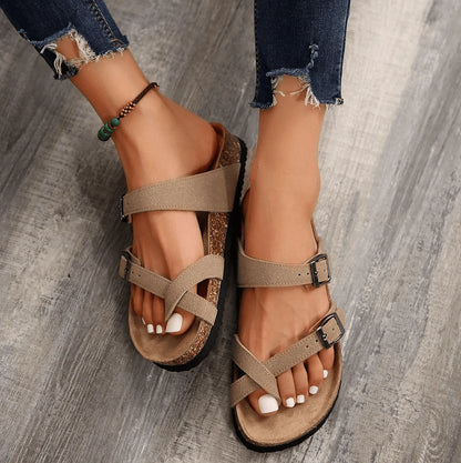 Women's Adjustable Buckle Cork Footbed Sandals, Comfortable Summer Beach Sandals