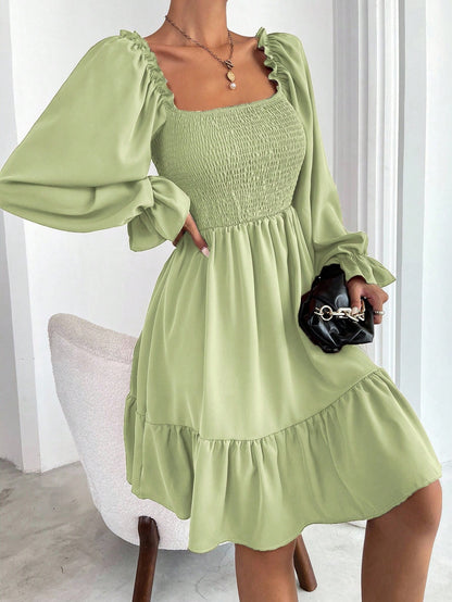 Chiquease Square Neck Shirred Bodice Flounce Sleeve Ruffle Hem Dress Fall Cloth For Women