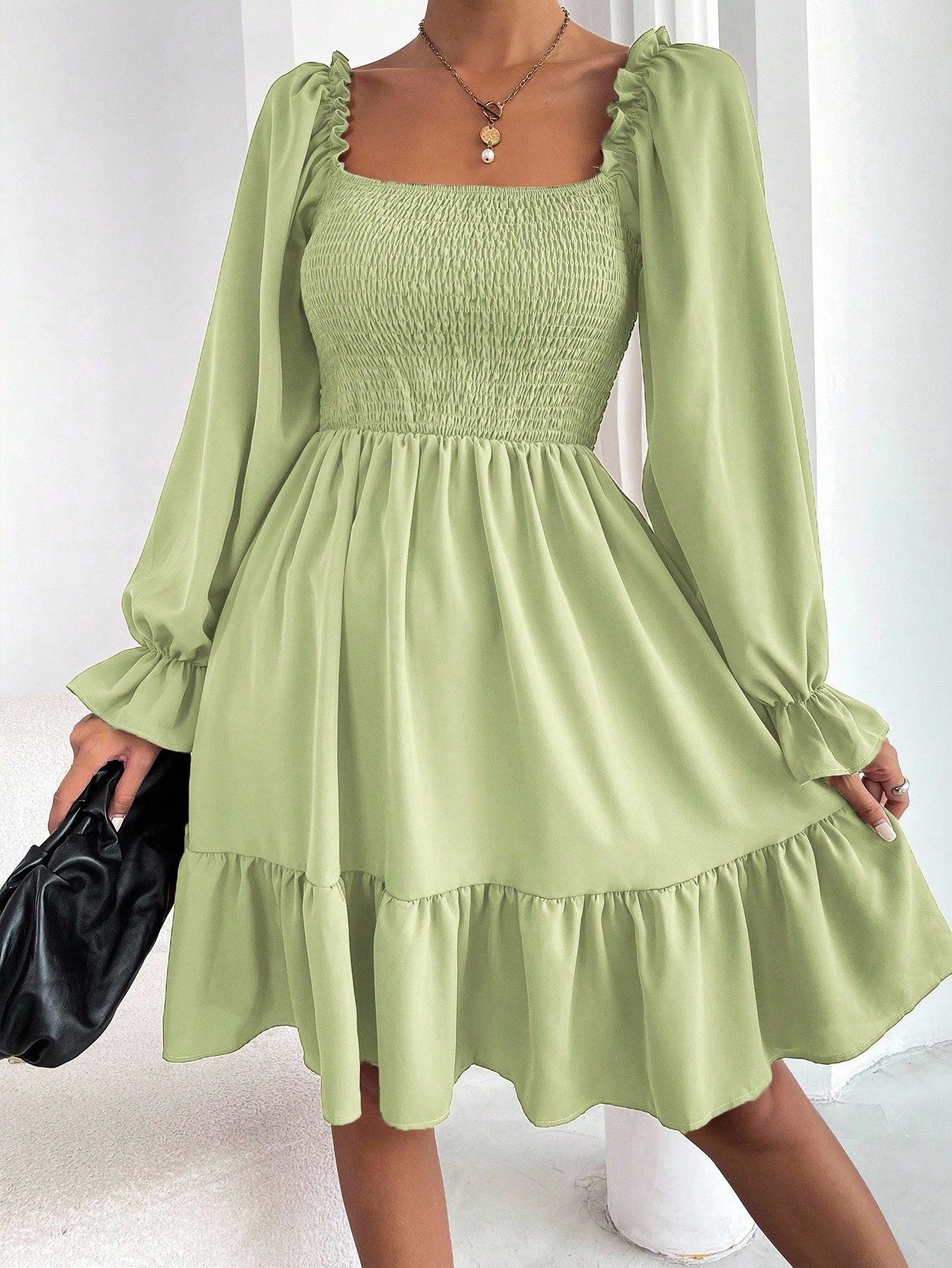 Chiquease Square Neck Shirred Bodice Flounce Sleeve Ruffle Hem Dress Fall Cloth For Women