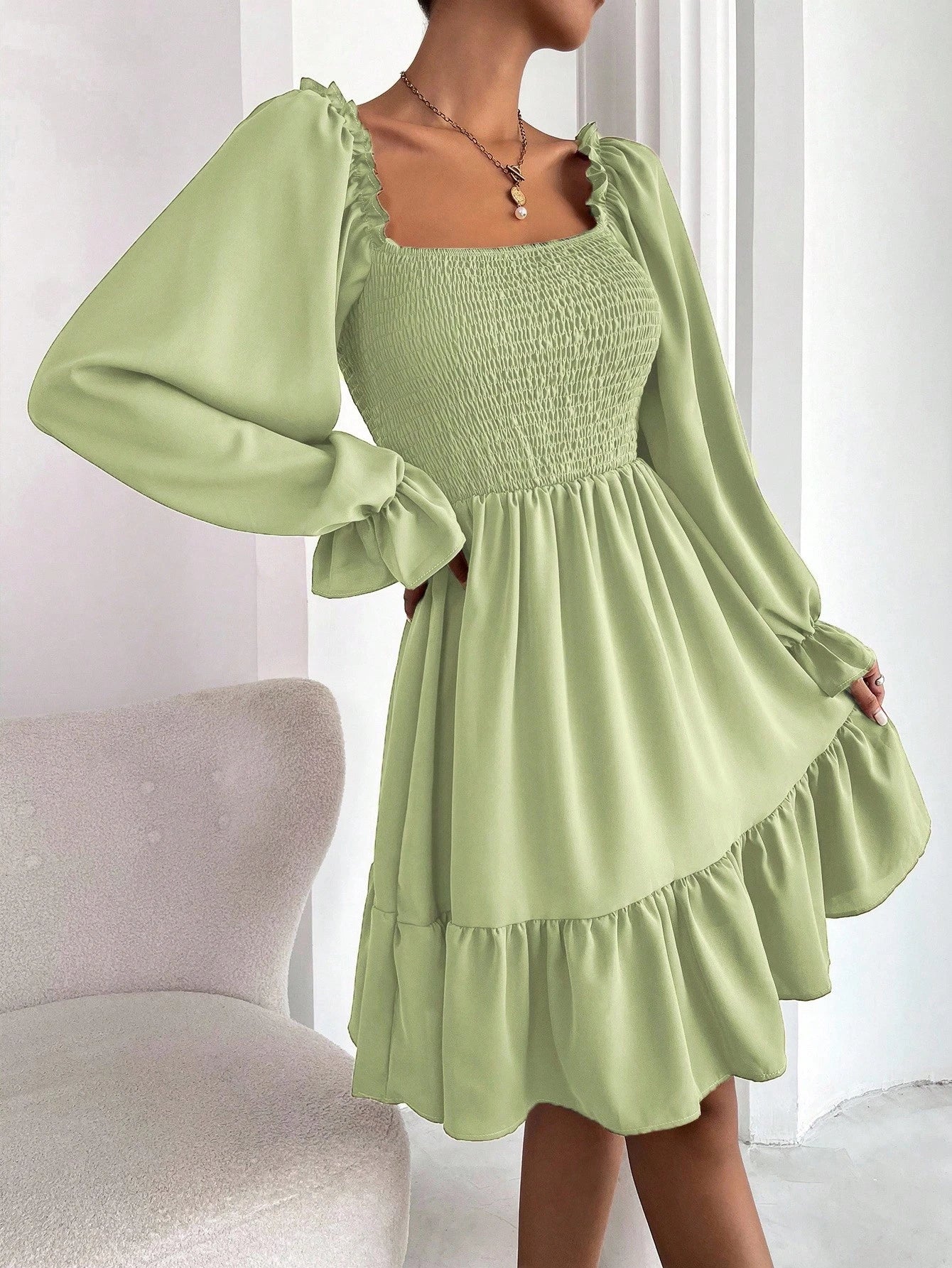 Chiquease Square Neck Shirred Bodice Flounce Sleeve Ruffle Hem Dress Fall Cloth For Women