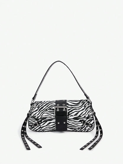 SHEIN X Lucía Bellido SHEIN SXY Fashionable Black Stud Shoulder Bag For Women, Versatile, Shopping Bag, Cool, Street Bag, Teenagers