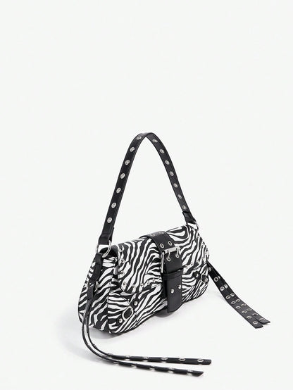 SHEIN X Lucía Bellido SHEIN SXY Fashionable Black Stud Shoulder Bag For Women, Versatile, Shopping Bag, Cool, Street Bag, Teenagers