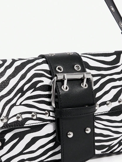 SHEIN X Lucía Bellido SHEIN SXY Fashionable Black Stud Shoulder Bag For Women, Versatile, Shopping Bag, Cool, Street Bag, Teenagers