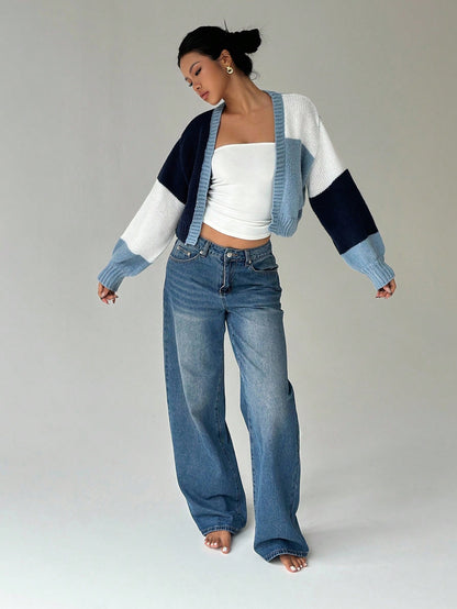 Flirla Colorblock Drop Shoulder Duster Cardigan,Long Sleeve Tops Fall Winter Cloth For Women