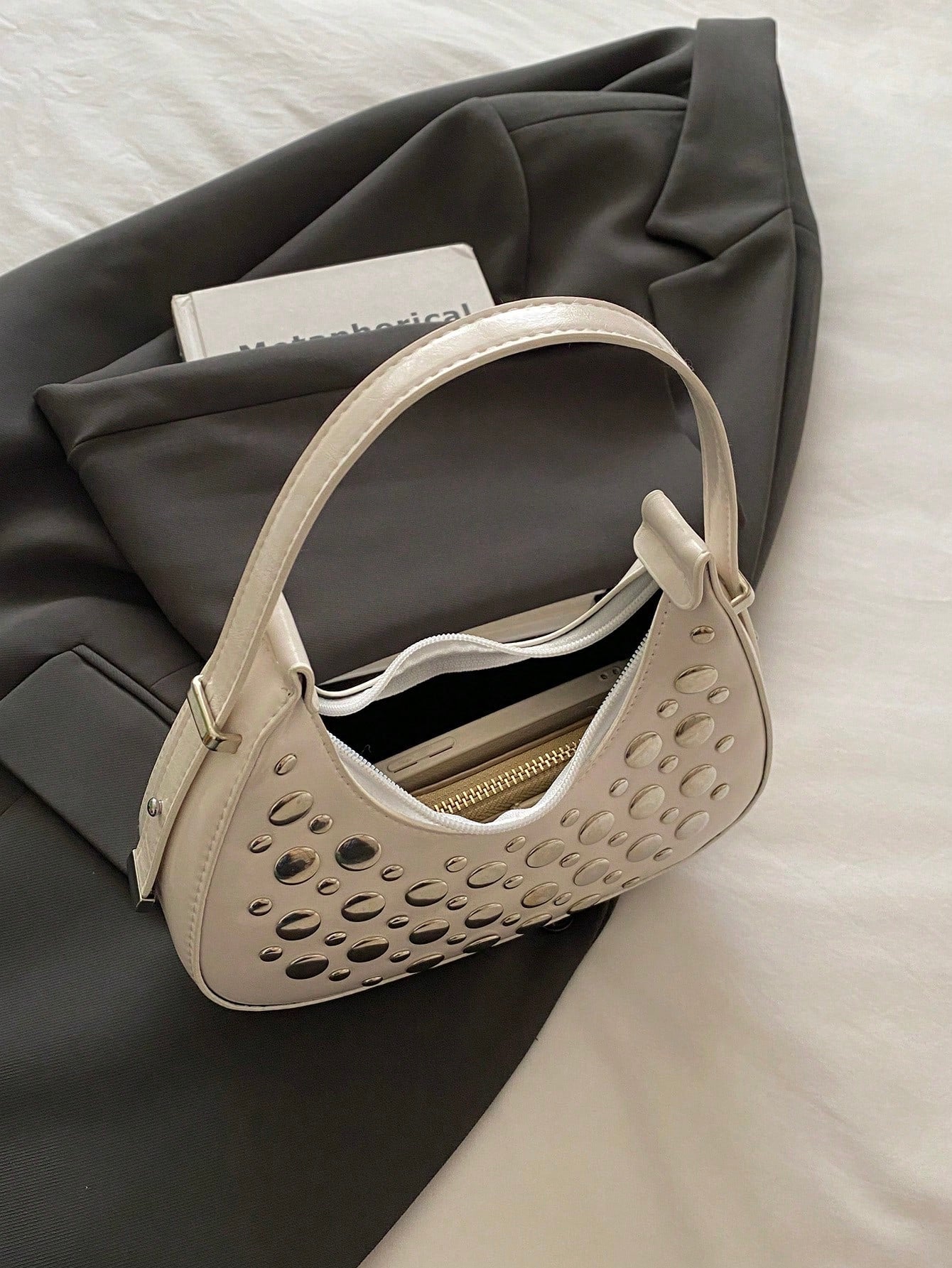 1pc Coffee Brown Crescent-Shaped PU Leather Shoulder Bag, Fashion Simple Solid Color Women Underarm Bag, Autumn/Winter