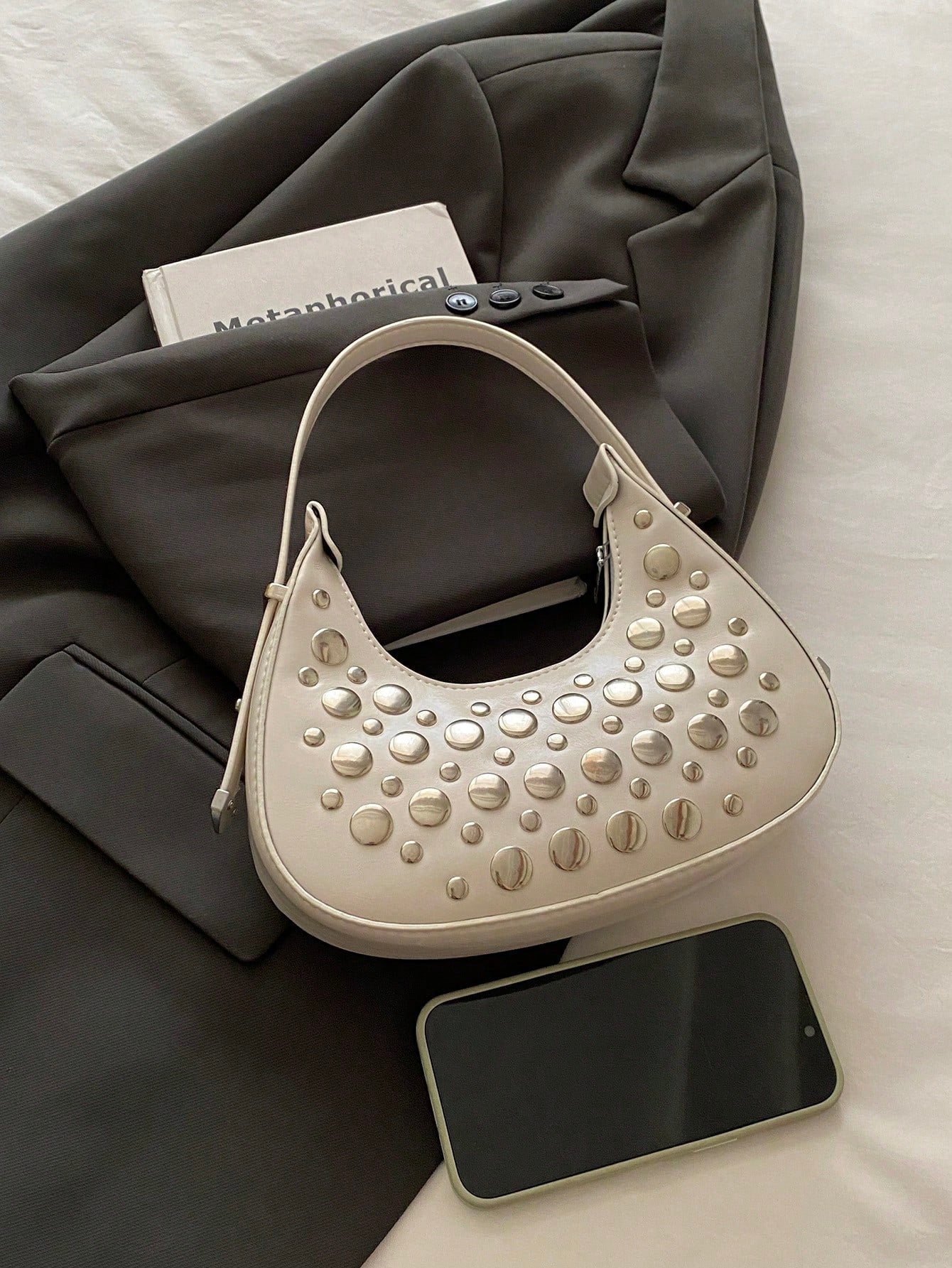 1pc Coffee Brown Crescent-Shaped PU Leather Shoulder Bag, Fashion Simple Solid Color Women Underarm Bag, Autumn/Winter