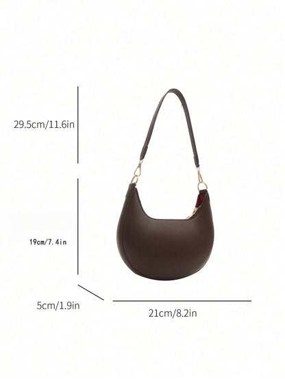 1pc Coffee Brown Crescent-Shaped PU Leather Shoulder Bag, Fashion Simple Solid Color Women Underarm Bag, Autumn/Winter