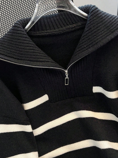 New Autumn/Winter Women Striped Zipper Turtleneck Sweater, Fashion Minimalist Pullover Classic Style,Long Sleeve Tops