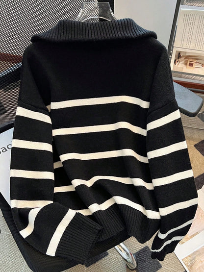New Autumn/Winter Women Striped Zipper Turtleneck Sweater, Fashion Minimalist Pullover Classic Style,Long Sleeve Tops