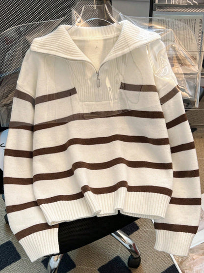 New Autumn/Winter Women Striped Zipper Turtleneck Sweater, Fashion Minimalist Pullover Classic Style,Long Sleeve Tops