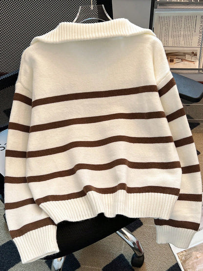 New Autumn/Winter Women Striped Zipper Turtleneck Sweater, Fashion Minimalist Pullover Classic Style,Long Sleeve Tops