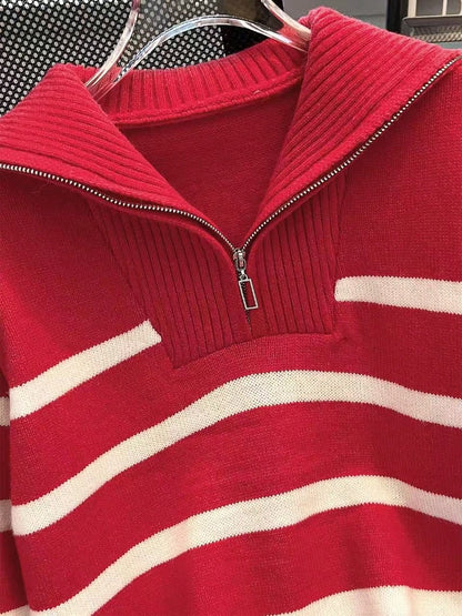 New Autumn/Winter Women Striped Zipper Turtleneck Sweater, Fashion Minimalist Pullover Classic Style,Long Sleeve Tops