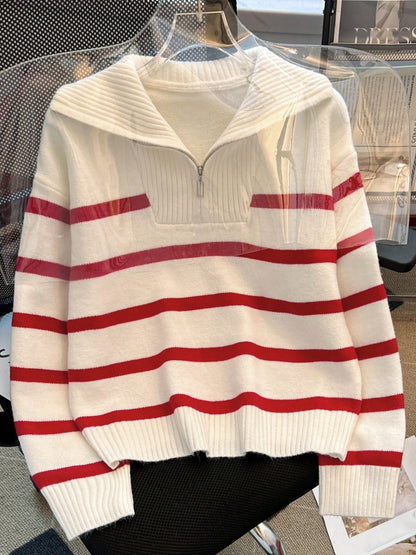 New Autumn/Winter Women Striped Zipper Turtleneck Sweater, Fashion Minimalist Pullover Classic Style,Long Sleeve Tops