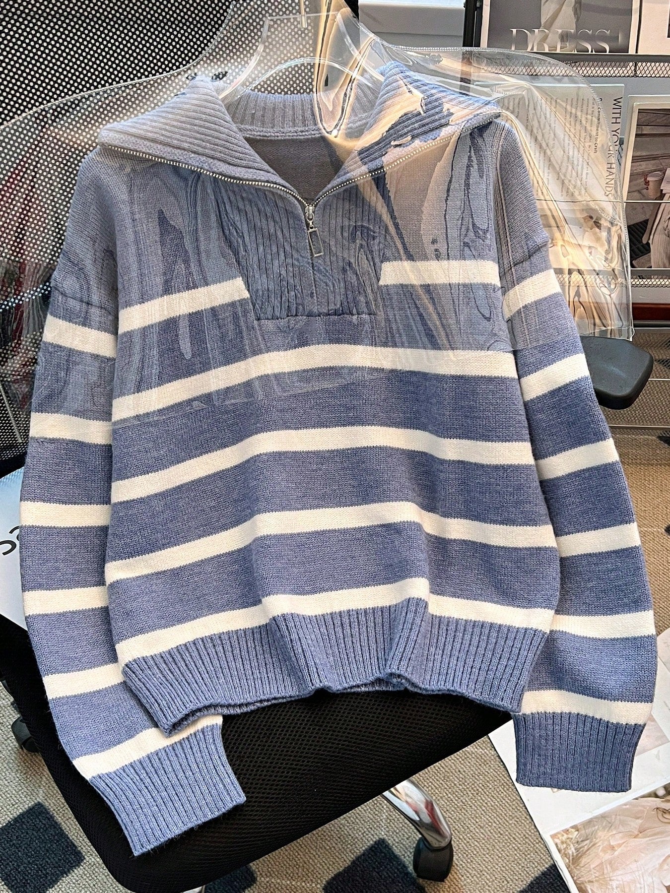 New Autumn/Winter Women Striped Zipper Turtleneck Sweater, Fashion Minimalist Pullover Classic Style,Long Sleeve Tops