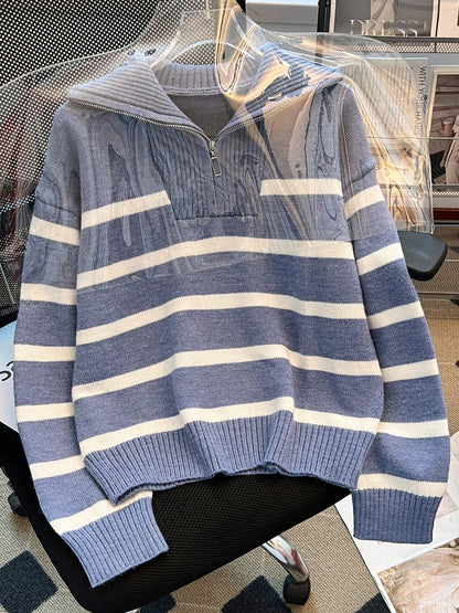 New Autumn/Winter Women Striped Zipper Turtleneck Sweater, Fashion Minimalist Pullover Classic Style,Long Sleeve Tops