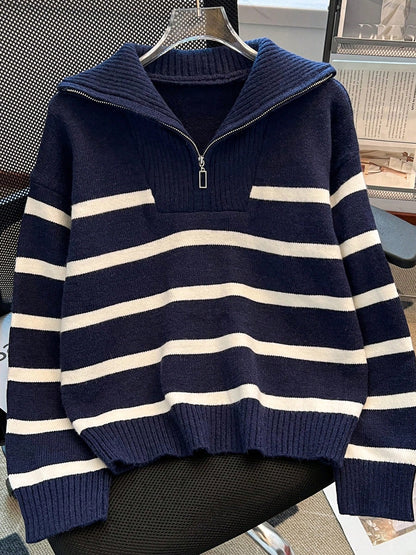 New Autumn/Winter Women Striped Zipper Turtleneck Sweater, Fashion Minimalist Pullover Classic Style,Long Sleeve Tops