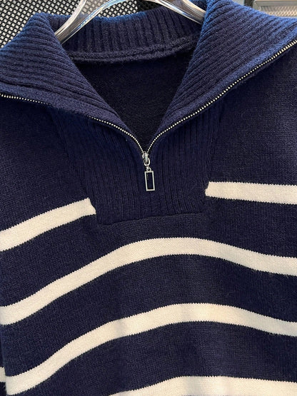 New Autumn/Winter Women Striped Zipper Turtleneck Sweater, Fashion Minimalist Pullover Classic Style,Long Sleeve Tops
