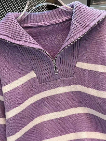 New Autumn/Winter Women Striped Zipper Turtleneck Sweater, Fashion Minimalist Pullover Classic Style,Long Sleeve Tops
