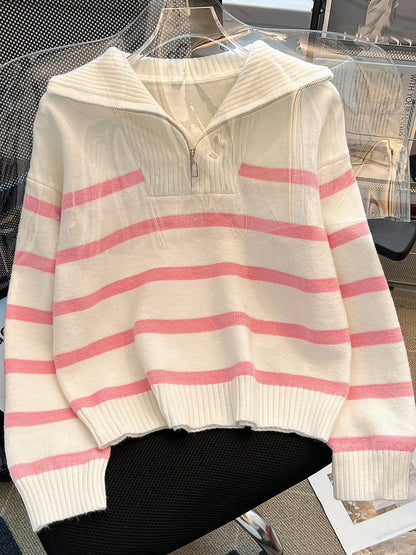 New Autumn/Winter Women Striped Zipper Turtleneck Sweater, Fashion Minimalist Pullover Classic Style,Long Sleeve Tops