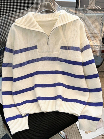 New Autumn/Winter Women Striped Zipper Turtleneck Sweater, Fashion Minimalist Pullover Classic Style,Long Sleeve Tops