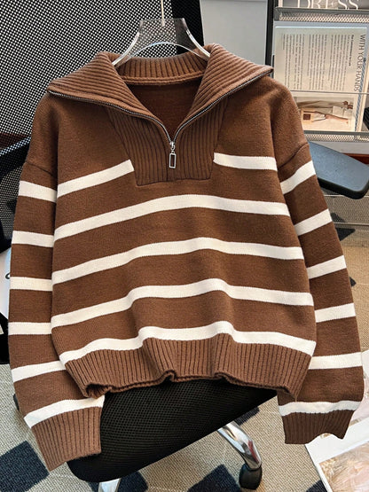New Autumn/Winter Women Striped Zipper Turtleneck Sweater, Fashion Minimalist Pullover Classic Style,Long Sleeve Tops