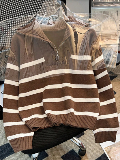 New Autumn/Winter Women Striped Zipper Turtleneck Sweater, Fashion Minimalist Pullover Classic Style,Long Sleeve Tops