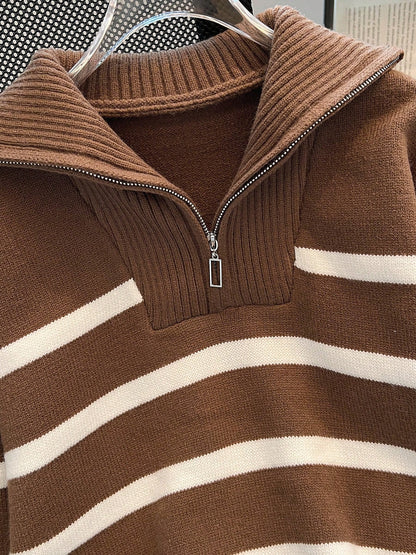 New Autumn/Winter Women Striped Zipper Turtleneck Sweater, Fashion Minimalist Pullover Classic Style,Long Sleeve Tops