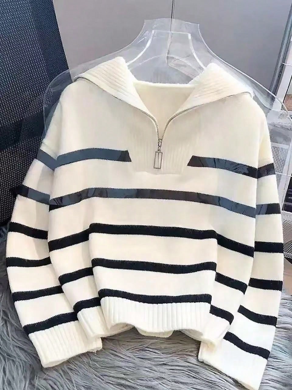 New Autumn/Winter Women Striped Zipper Turtleneck Sweater, Fashion Minimalist Pullover Classic Style,Long Sleeve Tops
