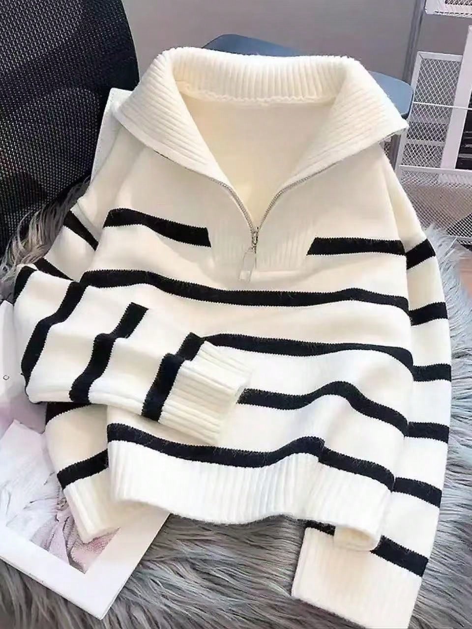 New Autumn/Winter Women Striped Zipper Turtleneck Sweater, Fashion Minimalist Pullover Classic Style,Long Sleeve Tops