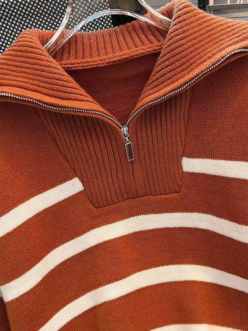 New Autumn/Winter Women Striped Zipper Turtleneck Sweater, Fashion Minimalist Pullover Classic Style,Long Sleeve Tops