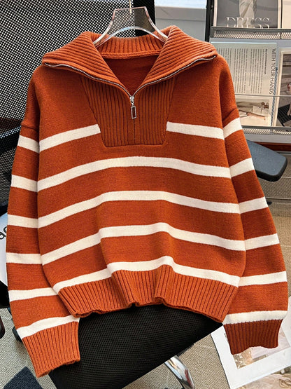 New Autumn/Winter Women Striped Zipper Turtleneck Sweater, Fashion Minimalist Pullover Classic Style,Long Sleeve Tops