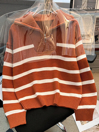 New Autumn/Winter Women Striped Zipper Turtleneck Sweater, Fashion Minimalist Pullover Classic Style,Long Sleeve Tops