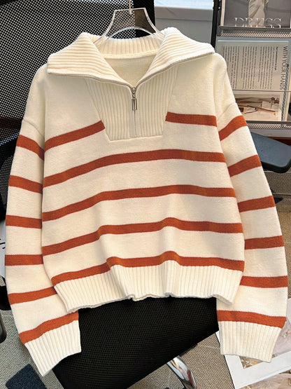 New Autumn/Winter Women Striped Zipper Turtleneck Sweater, Fashion Minimalist Pullover Classic Style,Long Sleeve Tops