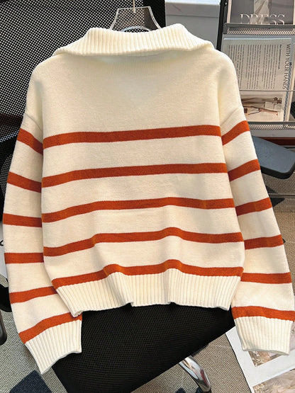 New Autumn/Winter Women Striped Zipper Turtleneck Sweater, Fashion Minimalist Pullover Classic Style,Long Sleeve Tops