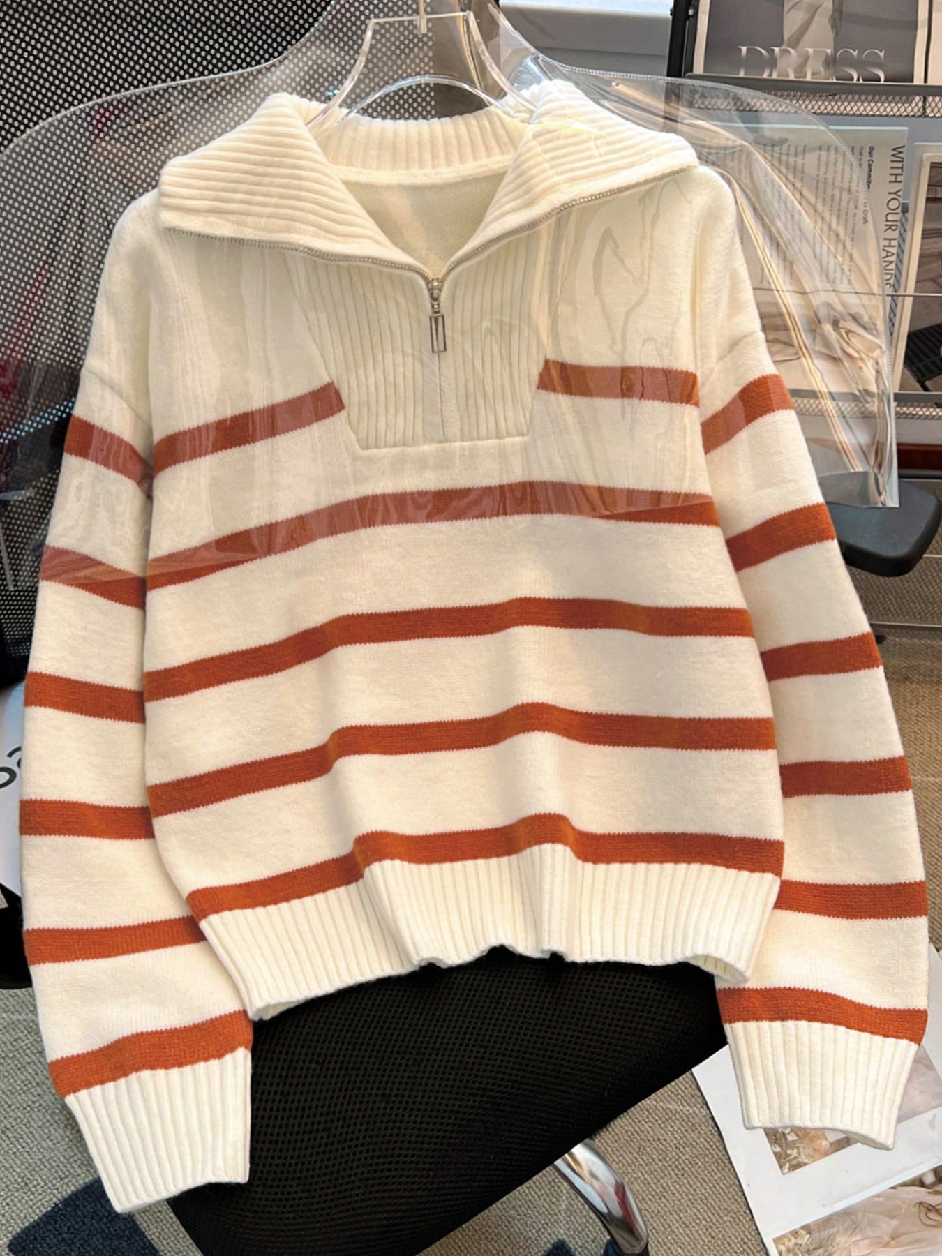 New Autumn/Winter Women Striped Zipper Turtleneck Sweater, Fashion Minimalist Pullover Classic Style,Long Sleeve Tops
