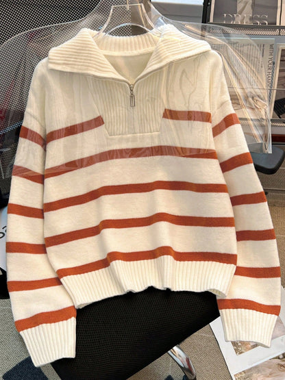 New Autumn/Winter Women Striped Zipper Turtleneck Sweater, Fashion Minimalist Pullover Classic Style,Long Sleeve Tops