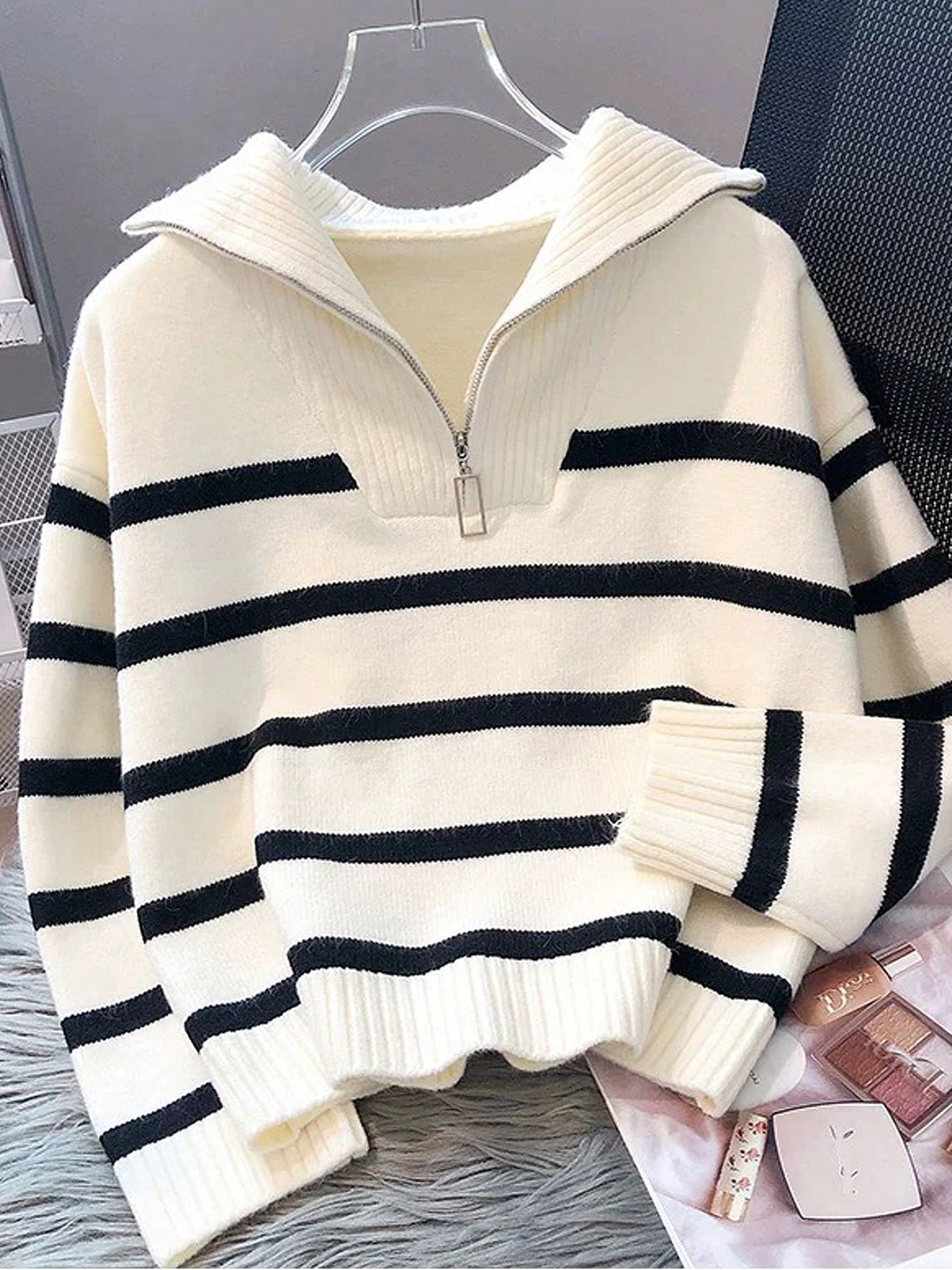 New Autumn/Winter Women Striped Zipper Turtleneck Sweater, Fashion Minimalist Pullover Classic Style,Long Sleeve Tops