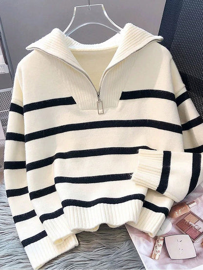 New Autumn/Winter Women Striped Zipper Turtleneck Sweater, Fashion Minimalist Pullover Classic Style,Long Sleeve Tops