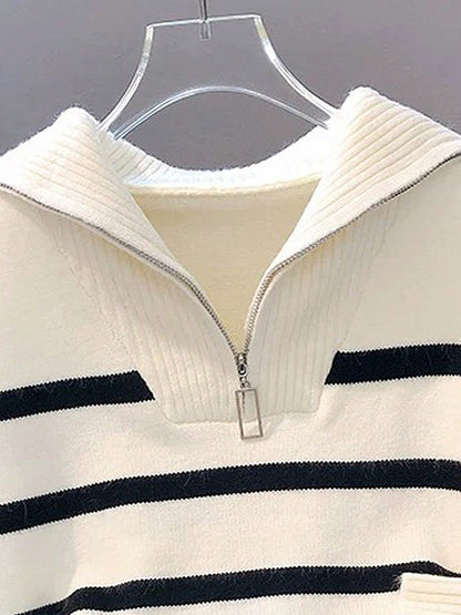 New Autumn/Winter Women Striped Zipper Turtleneck Sweater, Fashion Minimalist Pullover Classic Style,Long Sleeve Tops