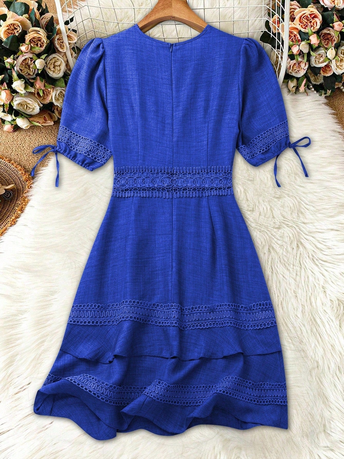 SHEIN Clasi Women's Solid Color Lace Trim Puff Sleeve Mini Dress, Summer