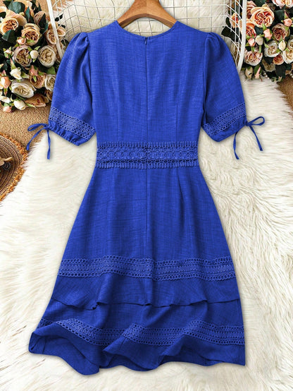 SHEIN Clasi Women's Solid Color Lace Trim Puff Sleeve Mini Dress, Summer