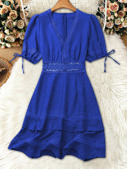 SHEIN Clasi Women's Solid Color Lace Trim Puff Sleeve Mini Dress, Summer