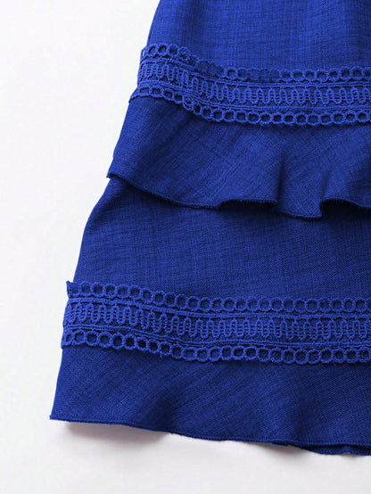 SHEIN Clasi Women's Solid Color Lace Trim Puff Sleeve Mini Dress, Summer