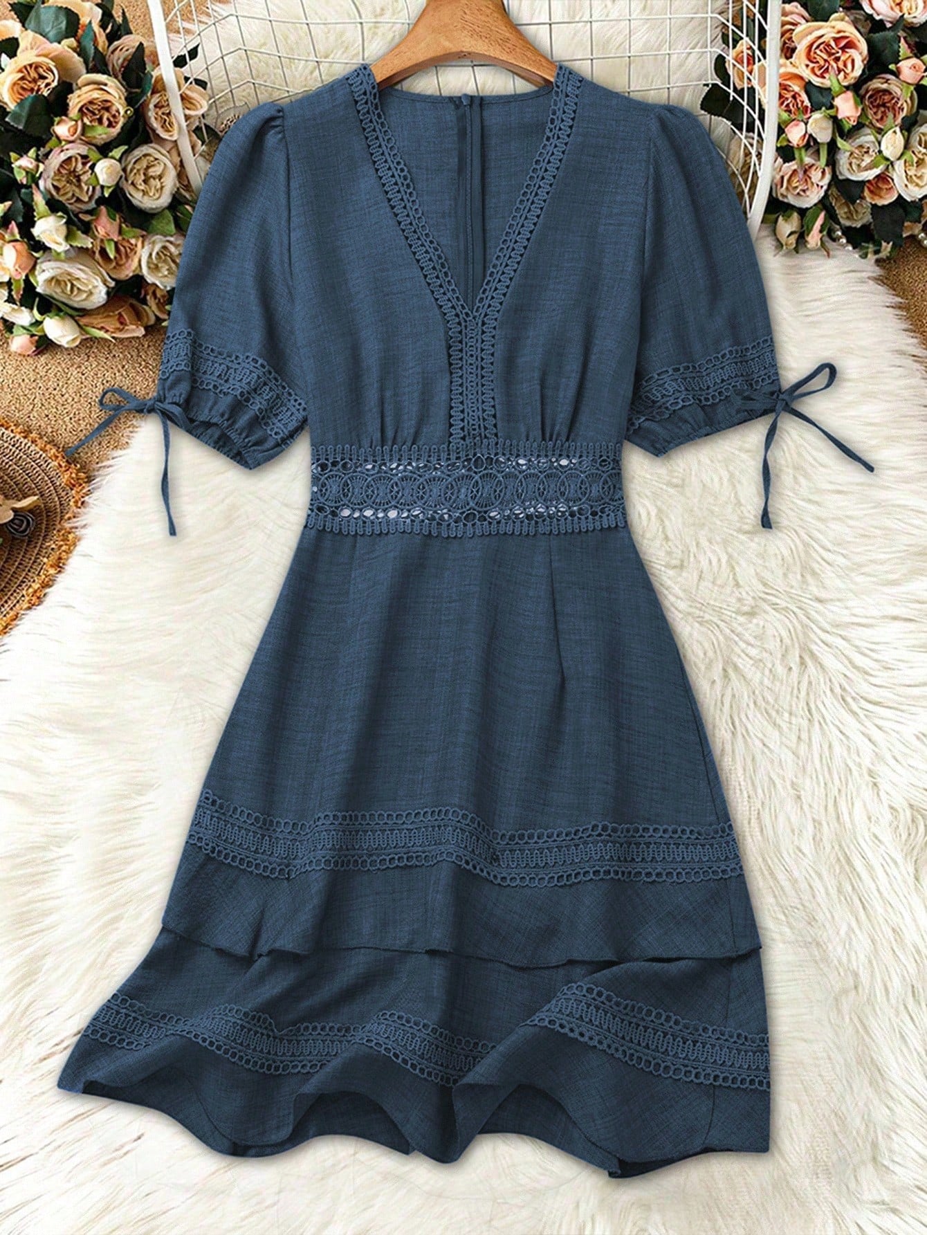 SHEIN Clasi Women's Solid Color Lace Trim Puff Sleeve Mini Dress, Summer