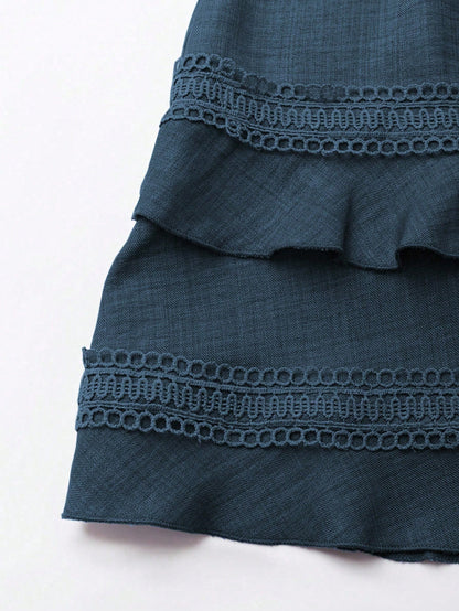 SHEIN Clasi Women's Solid Color Lace Trim Puff Sleeve Mini Dress, Summer