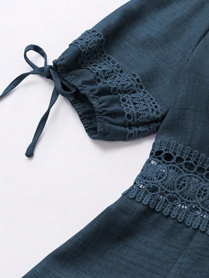 SHEIN Clasi Women's Solid Color Lace Trim Puff Sleeve Mini Dress, Summer