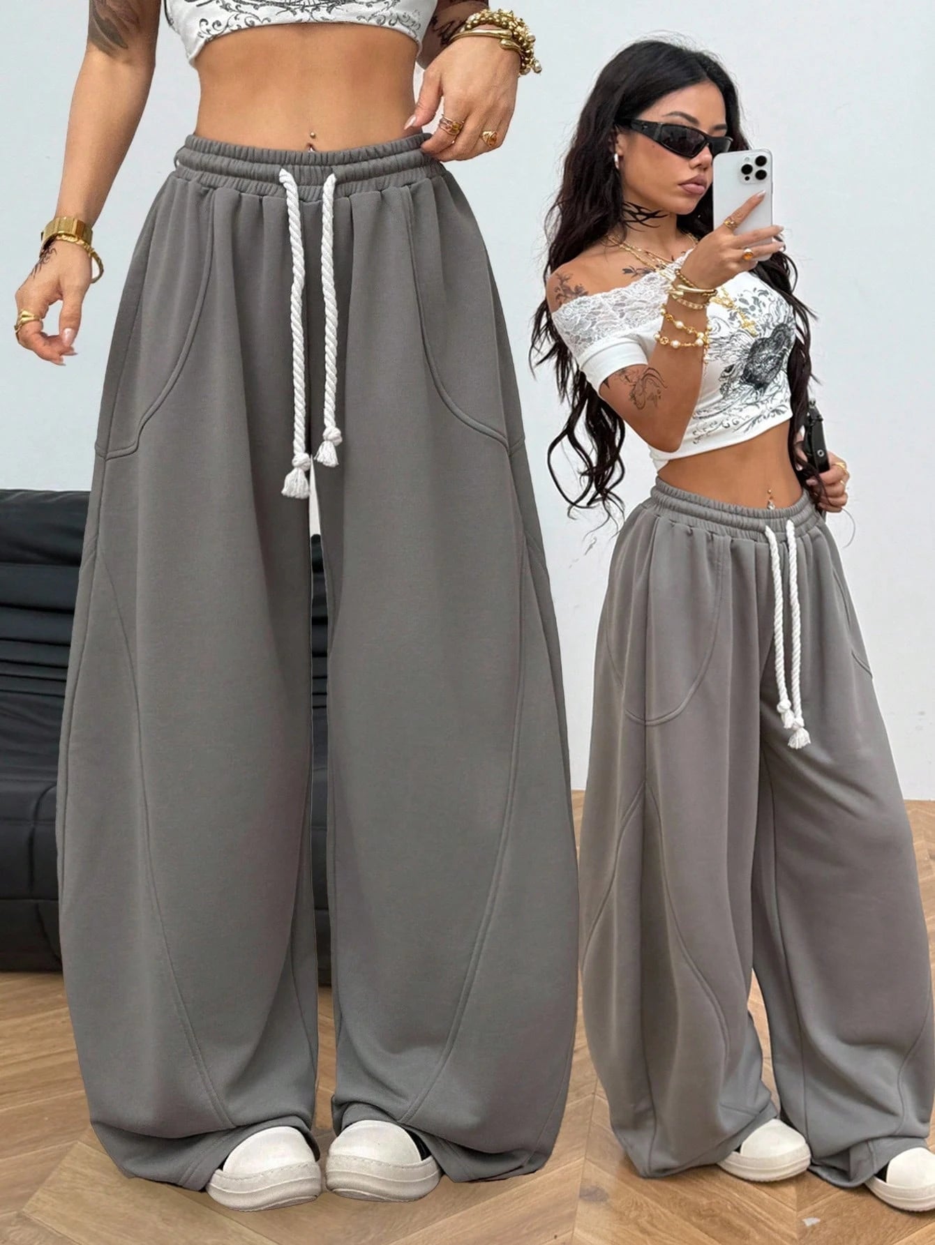 Coolane Women's Fall/Winter Streetwear Going Out Back To School Break Oversized Elastic Waistband Comfortable Grey Scimitar Pants