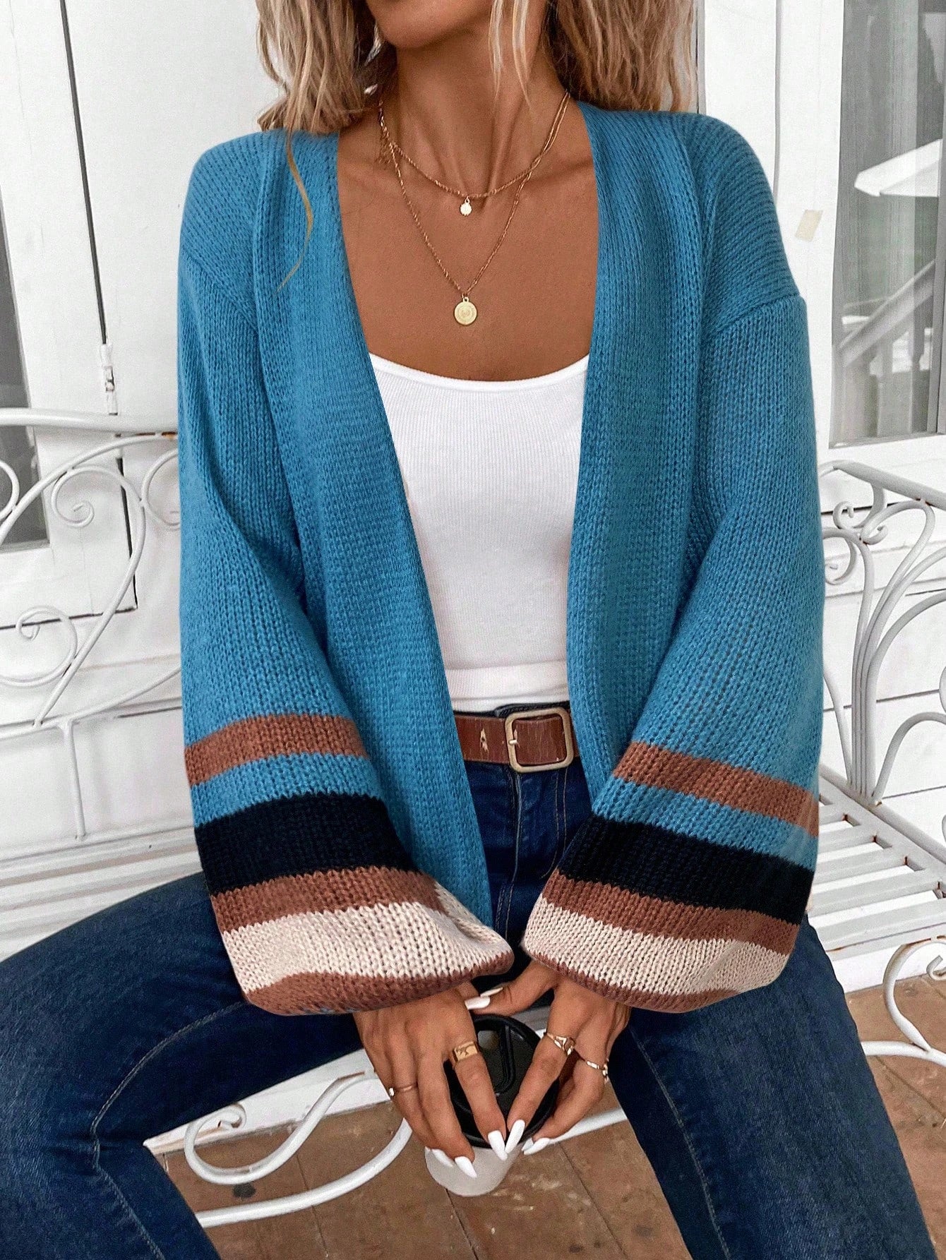 EMERY ROSE Women's Long Sleeve Colorblock Striped Cardigan, Casual Daily Wear,Long Sleeve Tops,Knitted Sweater