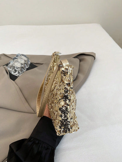 Fashionable Solid-Color Metal Chain Straw Crescent Moon Tote Bag, Women's Multi-Purpose Handbag, Clutch, Beach Bag, Casual Straw Handbag, Phone Pouch